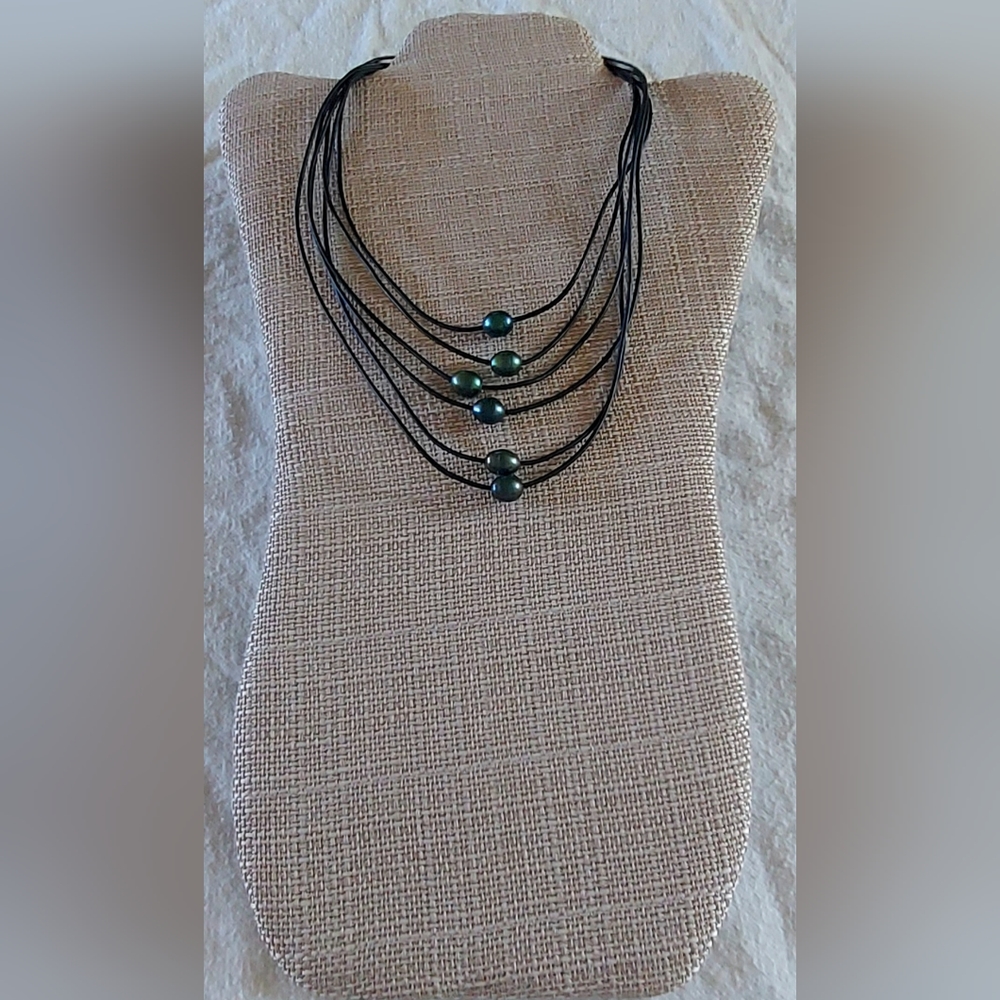 Handmade Green Pearl And Black Leather Necklace